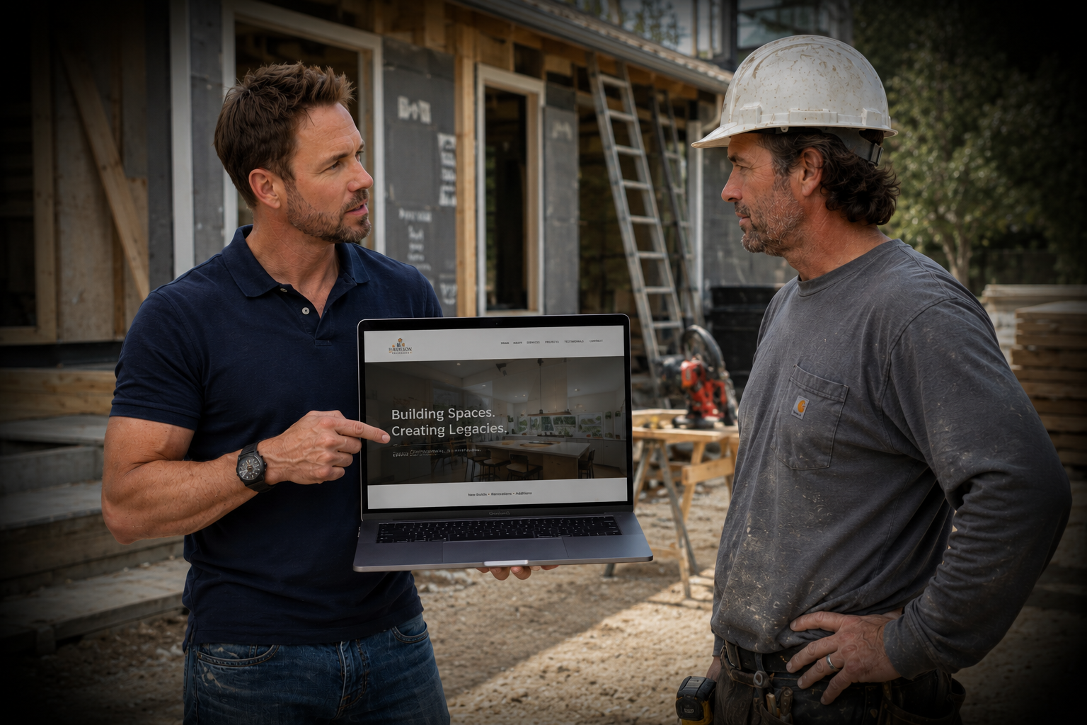 Graham showing a client their new website on a laptop at their job site