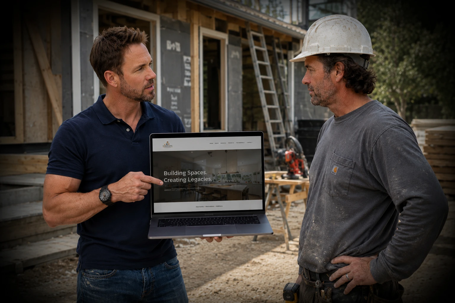 Graham from Jagg Pro Digital showing a contractor his new website on a job site