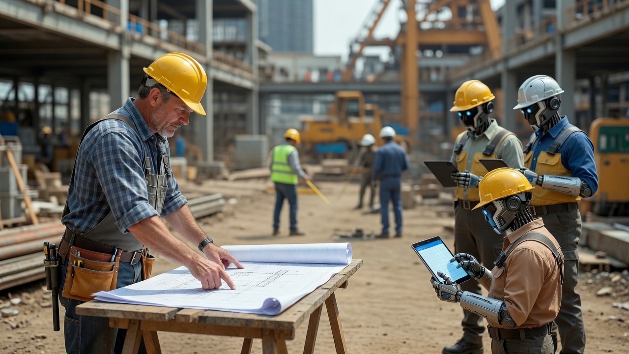 A contractor reviewing blueprints on a job site while his AI crew — robots in hard hats holding tablets — works alongside him